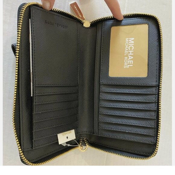 New Michael Kors Jet Set Travel Zip Around Phone Holder Wallet Black with Gold - Picture 3 of 6